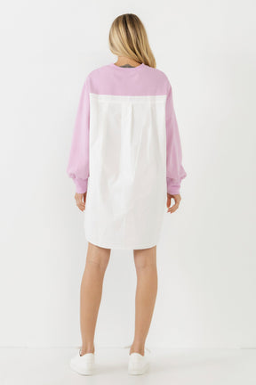 V-neck Sweatshirts Dress with Poplin