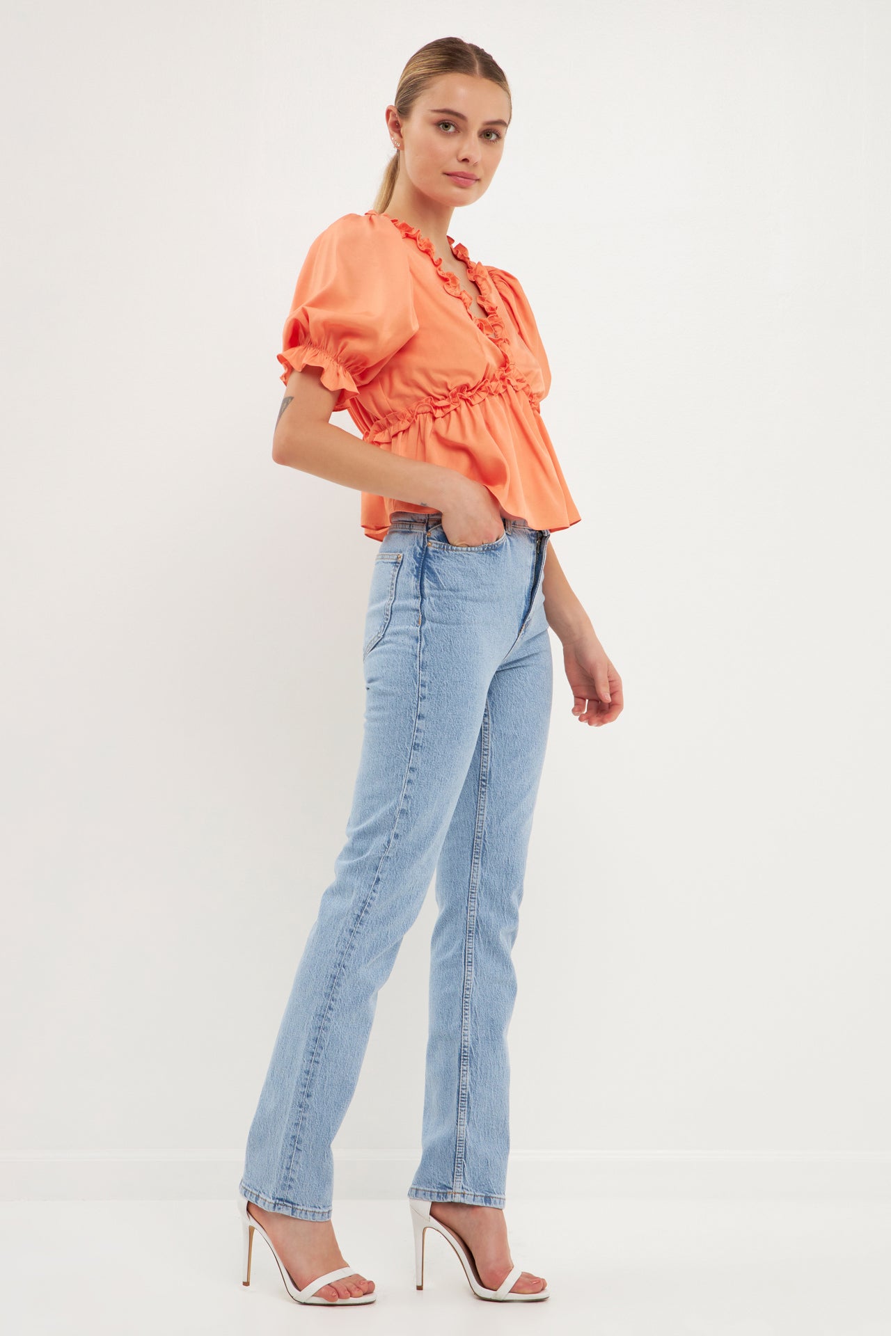 ENDLESS ROSE - Ruffle Detail Top with Puff Sleeves - TOPS available at Objectrare