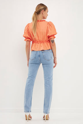 ENDLESS ROSE - Ruffle Detail Top with Puff Sleeves - TOPS available at Objectrare