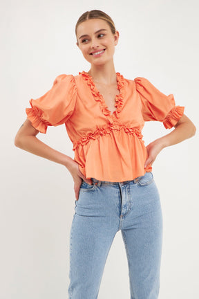 ENDLESS ROSE - Ruffle Detail Top with Puff Sleeves - TOPS available at Objectrare