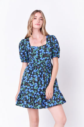 ENGLISH FACTORY - English Factory - Blueberry Print Mini Dress with Puff Sleeves - DRESSES available at Objectrare