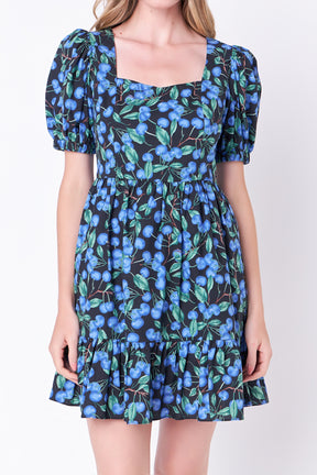 ENGLISH FACTORY - English Factory - Blueberry Print Mini Dress with Puff Sleeves - DRESSES available at Objectrare