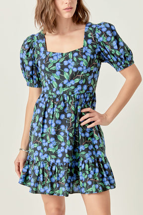 Blueberry Print Mini Dress with Puff Sleeves