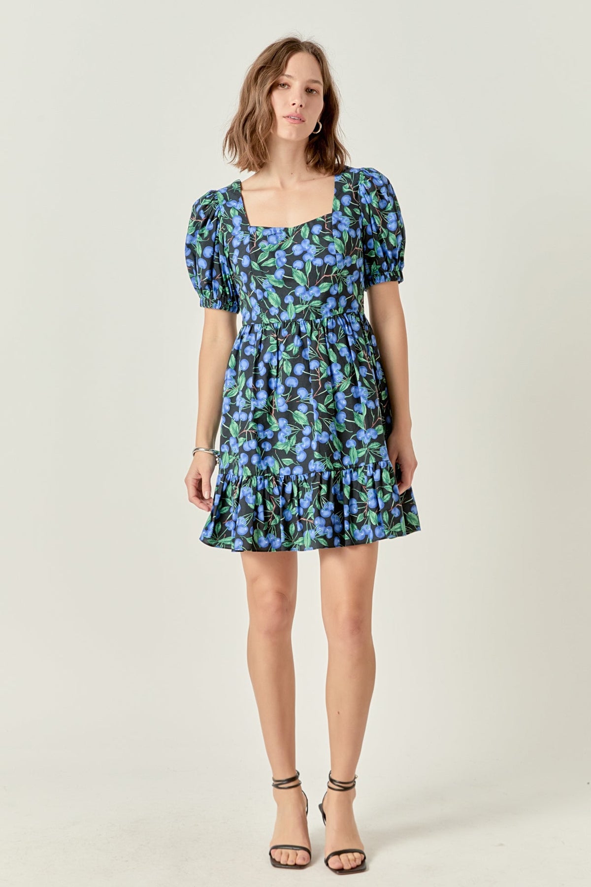 Blueberry Print Mini Dress with Puff Sleeves