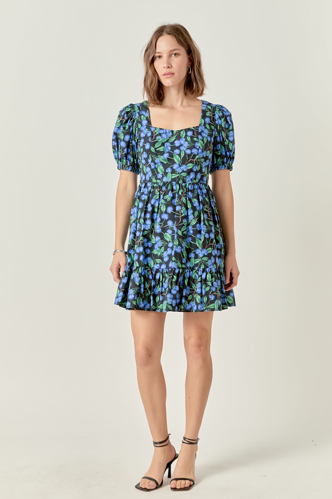 Blueberry Print Mini Dress with Puff Sleeves