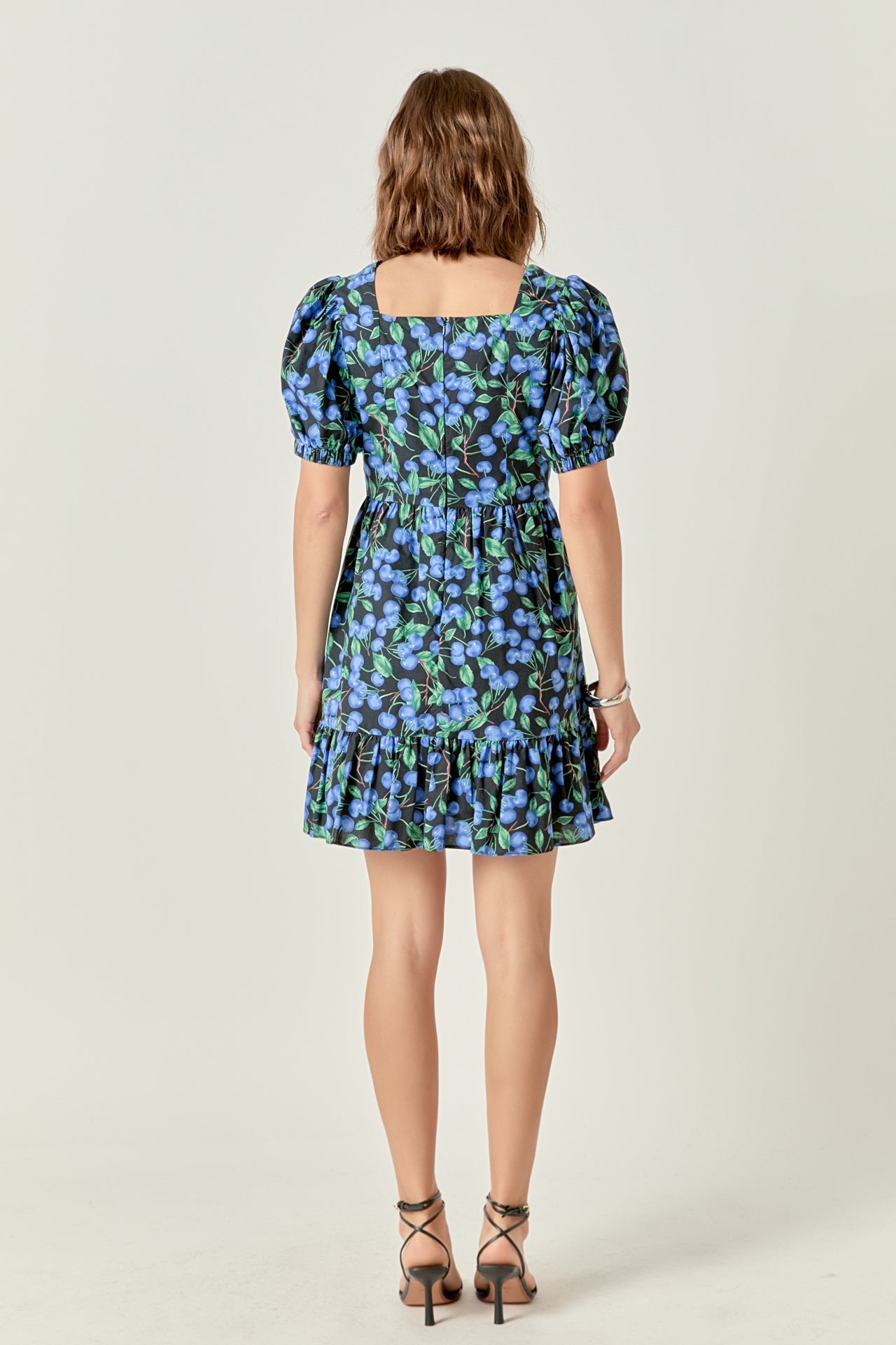 Blueberry Print Mini Dress with Puff Sleeves