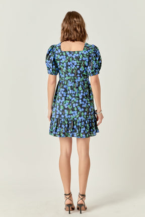 Blueberry Print Mini Dress with Puff Sleeves