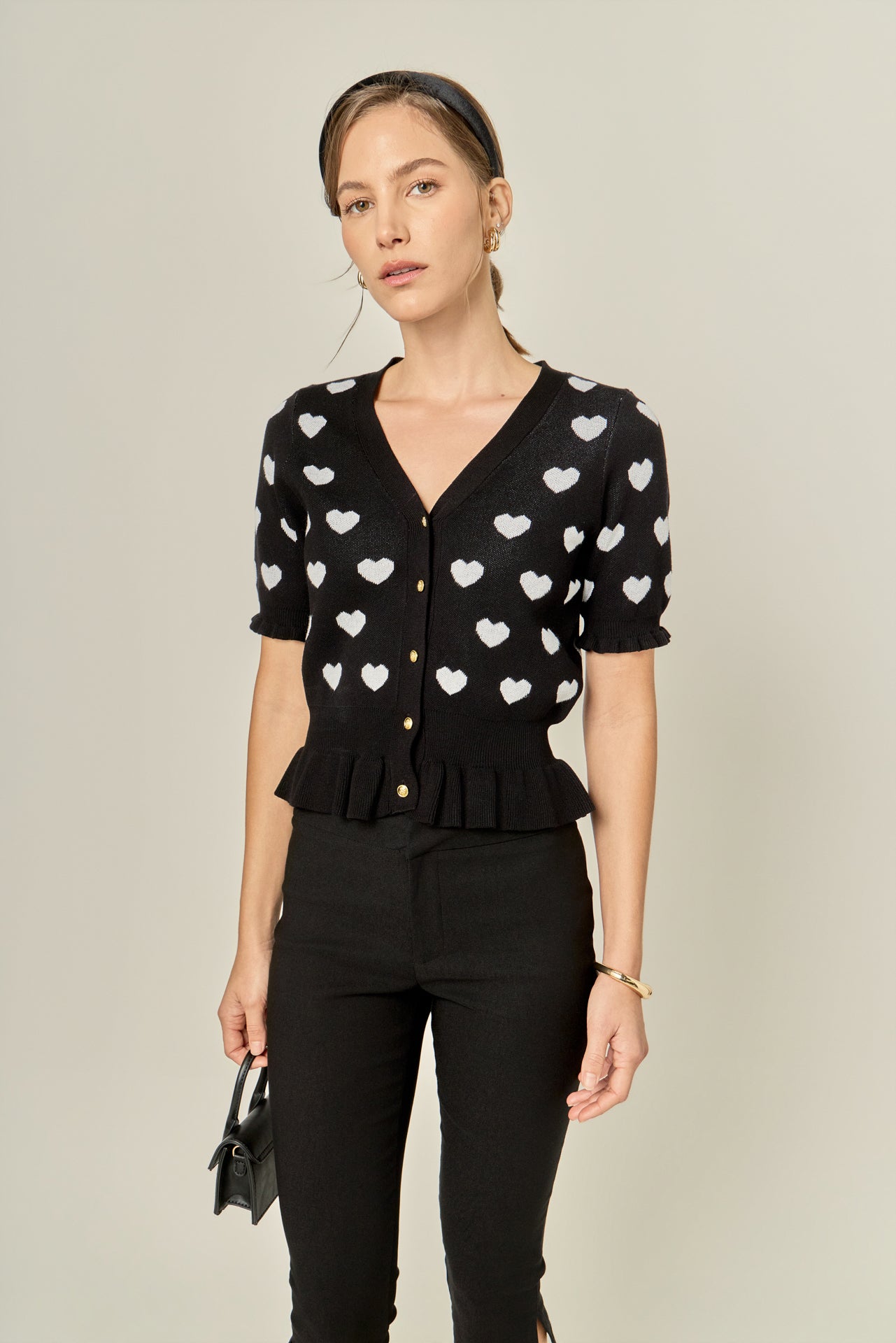 ENGLISH FACTORY - Heart Print Puff Sleeve Cardigan - SWEATERS & KNITS available at Objectrare