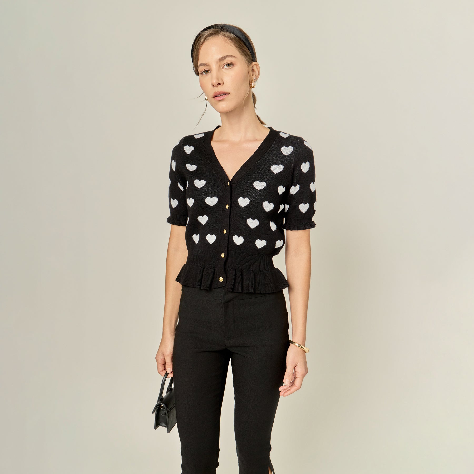 ENGLISH FACTORY - Heart Print Puff Sleeve Cardigan - SWEATERS & KNITS available at Objectrare