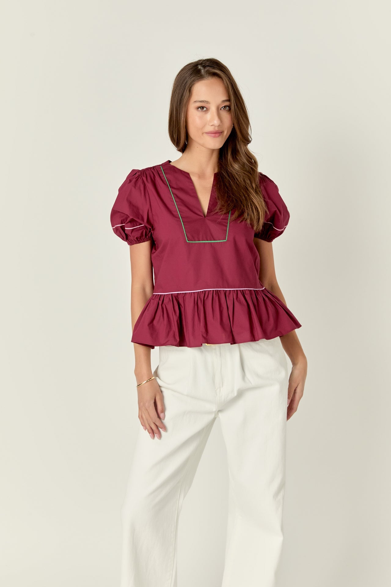 Piping Detail Top with Short Puff Sleeves
