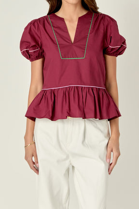 Piping Detail Top with Short Puff Sleeves