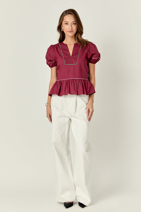 Piping Detail Top with Short Puff Sleeves