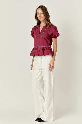ENGLISH FACTORY - Piping Detail Top with Short Puff Sleeves - SHIRTS available at Objectrare