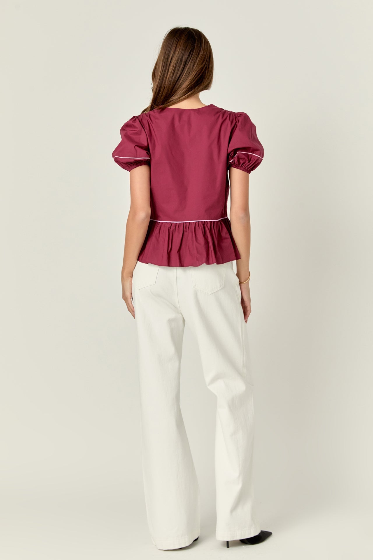 Piping Detail Top with Short Puff Sleeves