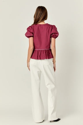 Piping Detail Top with Short Puff Sleeves