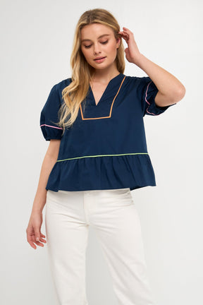 ENGLISH FACTORY - Piping Detail Top with Short Puff Sleeves - SHIRTS available at Objectrare
