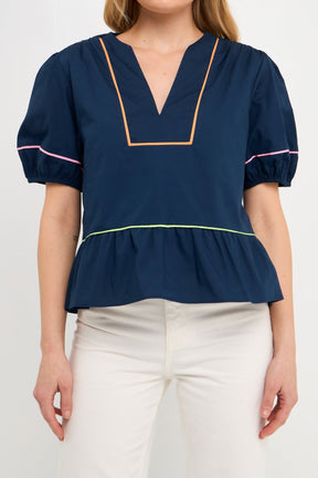 ENGLISH FACTORY - Piping Detail Top with Short Puff Sleeves - SHIRTS available at Objectrare