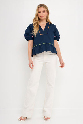ENGLISH FACTORY - Piping Detail Top with Short Puff Sleeves - SHIRTS available at Objectrare