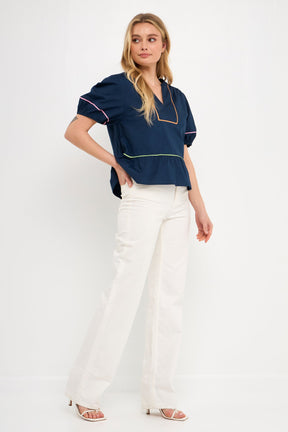 ENGLISH FACTORY - Piping Detail Top with Short Puff Sleeves - SHIRTS available at Objectrare
