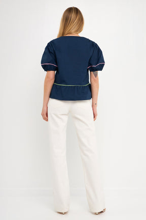 ENGLISH FACTORY - Piping Detail Top with Short Puff Sleeves - SHIRTS available at Objectrare