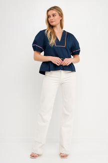 ENGLISH FACTORY - Piping Detail Top with Short Puff Sleeves - TOPS available at Objectrare