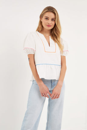 ENGLISH FACTORY - Piping Detail Top with Short Puff Sleeves - SHIRTS available at Objectrare