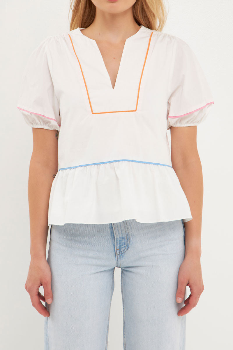 ENGLISH FACTORY-Piping Detail Top with Short Puff Sleeves-TOPS available at Objectrare