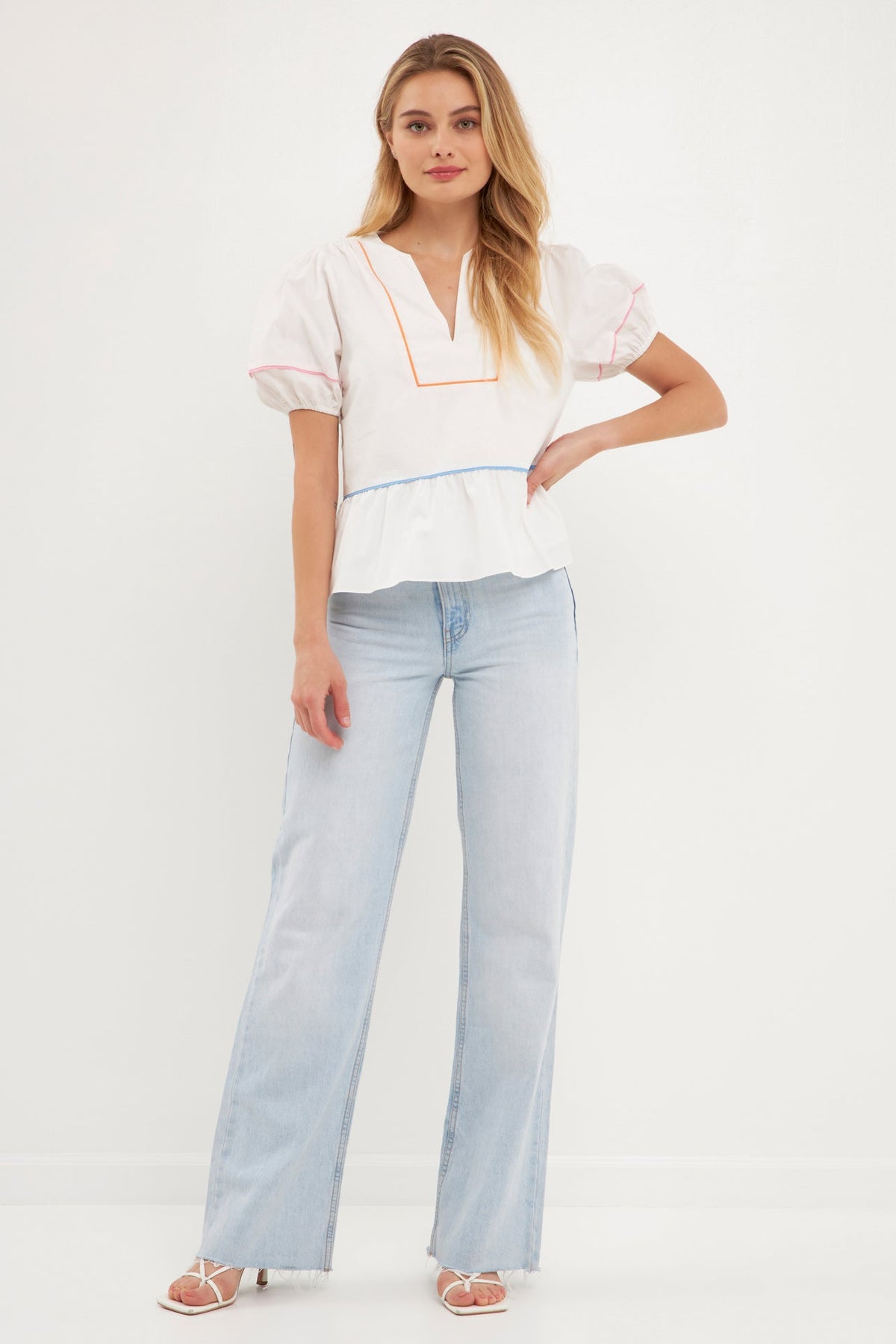 ENGLISH FACTORY - Piping Detail Top with Short Puff Sleeves - SHIRTS available at Objectrare