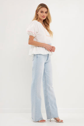 ENGLISH FACTORY - Piping Detail Top with Short Puff Sleeves - SHIRTS available at Objectrare