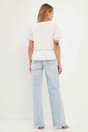 ENGLISH FACTORY - Piping Detail Top with Short Puff Sleeves - SHIRTS available at Objectrare