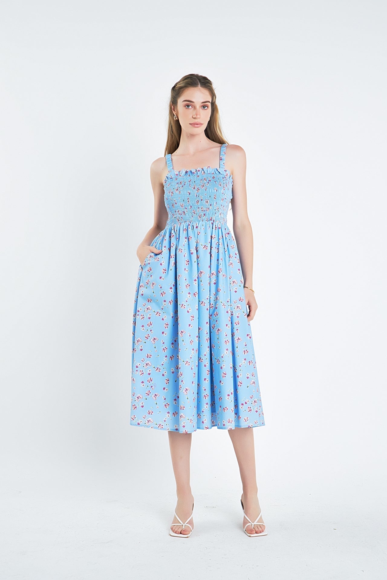 ENGLISH FACTORY - English Factory - Floral Print Smocked Dress in Blue - DRESSES available at Objectrare