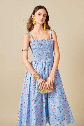 ENGLISH FACTORY - Floral Print Smocked Dress in Blue - DRESSES available at Objectrare