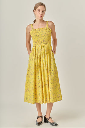 ENGLISH FACTORY - Floral Print Smocked Dress in Yellow - DRESSES available at Objectrare