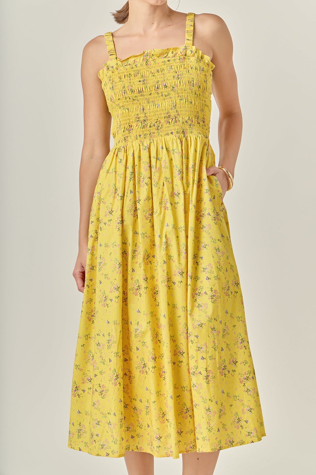 ENGLISH FACTORY - Floral Print Smocked Dress in Yellow - DRESSES available at Objectrare