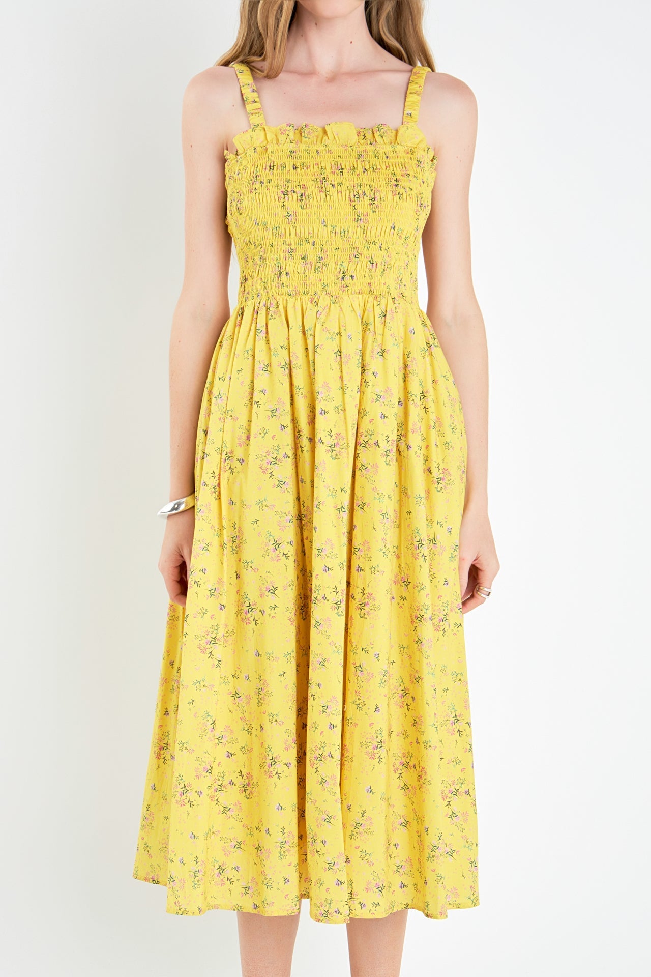 ENGLISH FACTORY - English Factory - Floral Print Smocked Dress in Yellow - DRESSES available at Objectrare