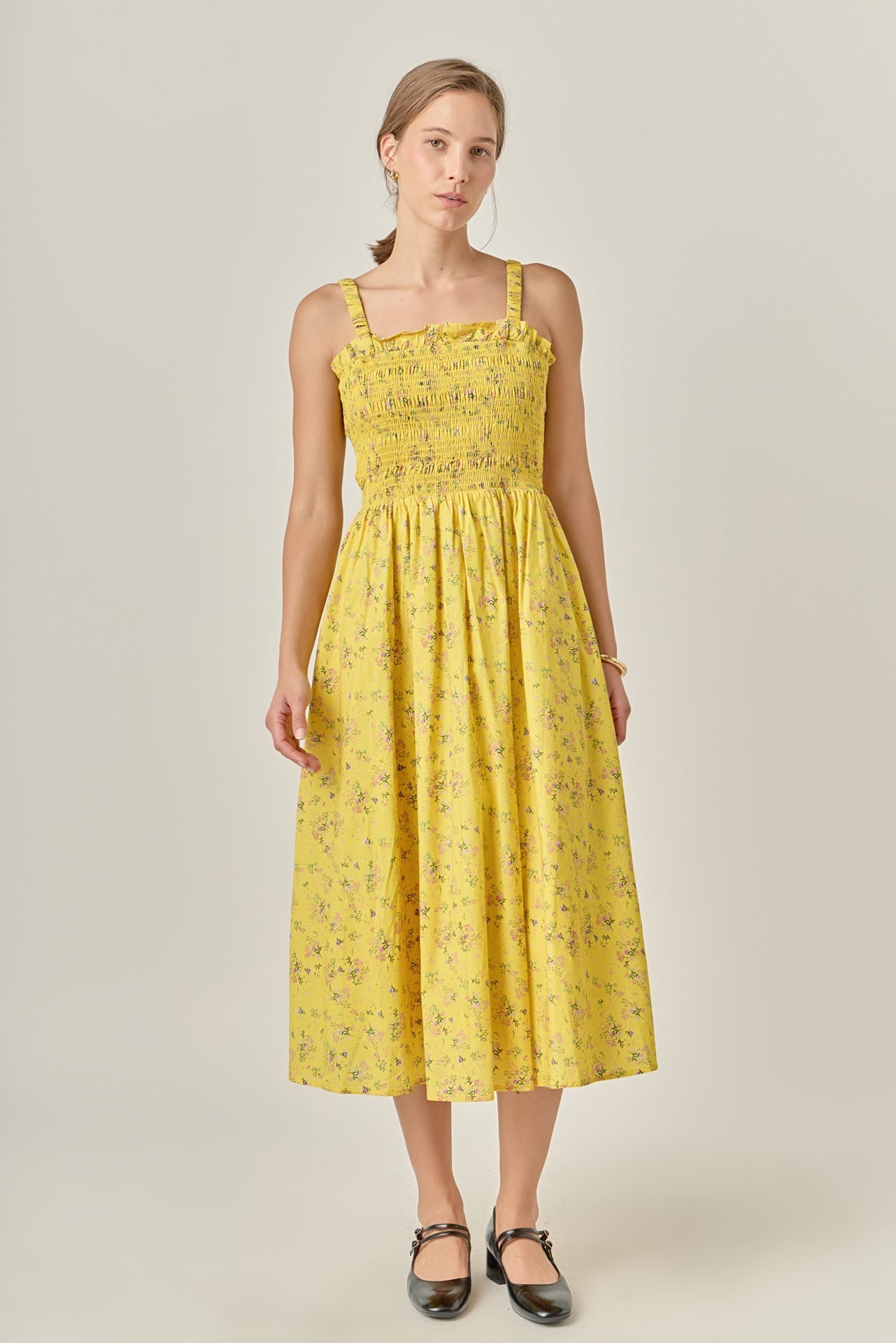 ENGLISH FACTORY - Floral Print Smocked Dress in Yellow - DRESSES available at Objectrare