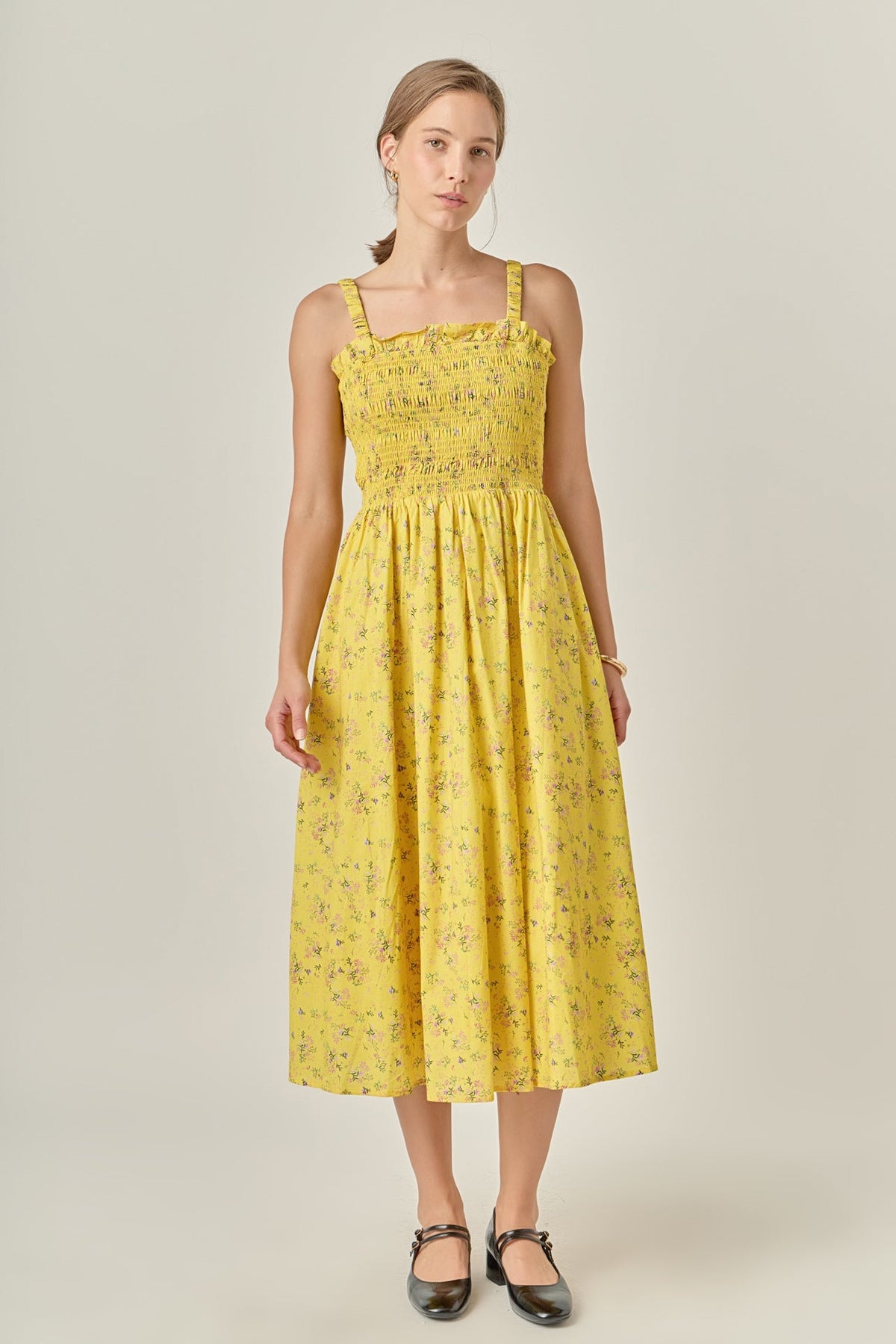 ENGLISH FACTORY - Floral Print Smocked Dress in Yellow - DRESSES available at Objectrare