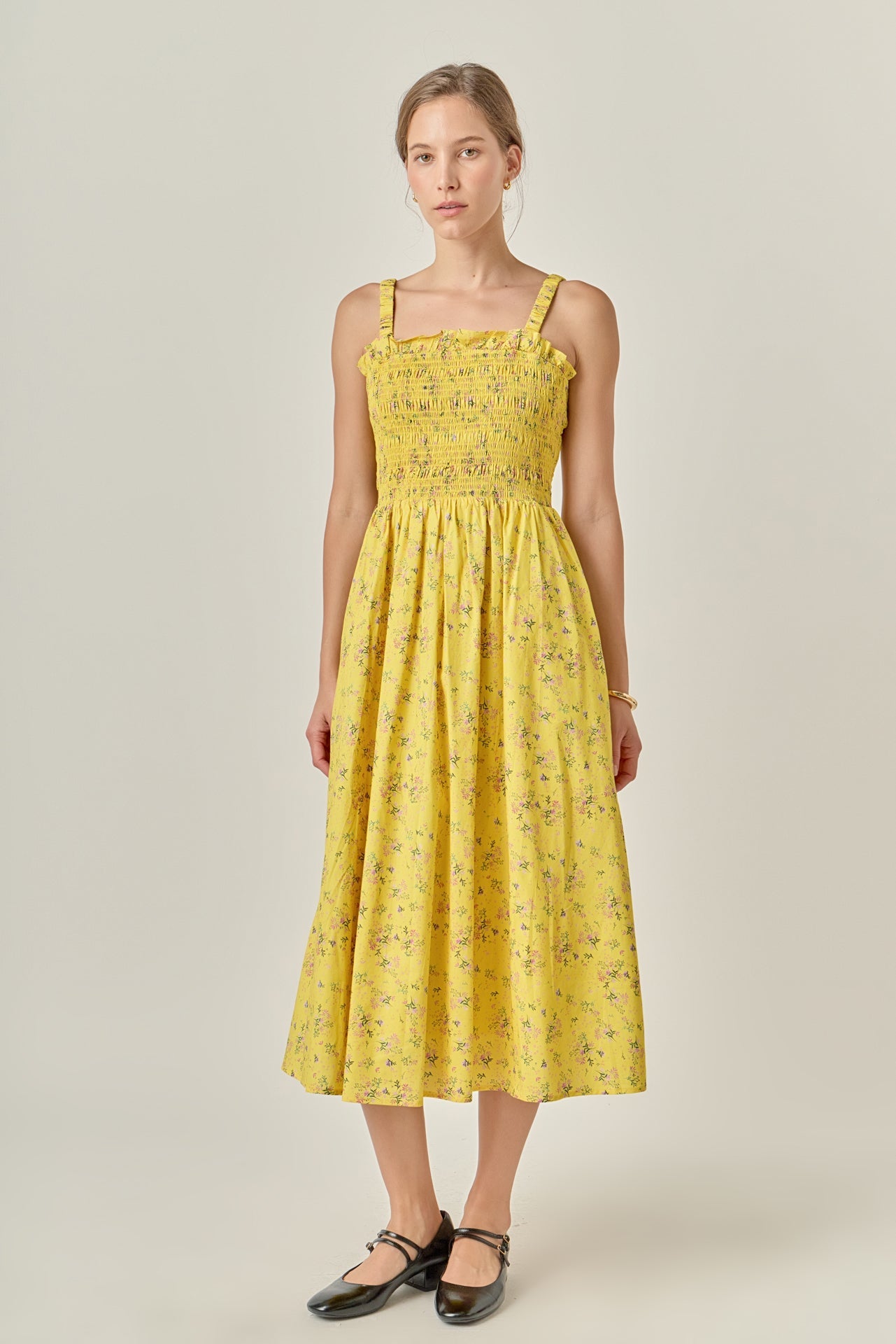 ENGLISH FACTORY - Floral Print Smocked Dress in Yellow - DRESSES available at Objectrare