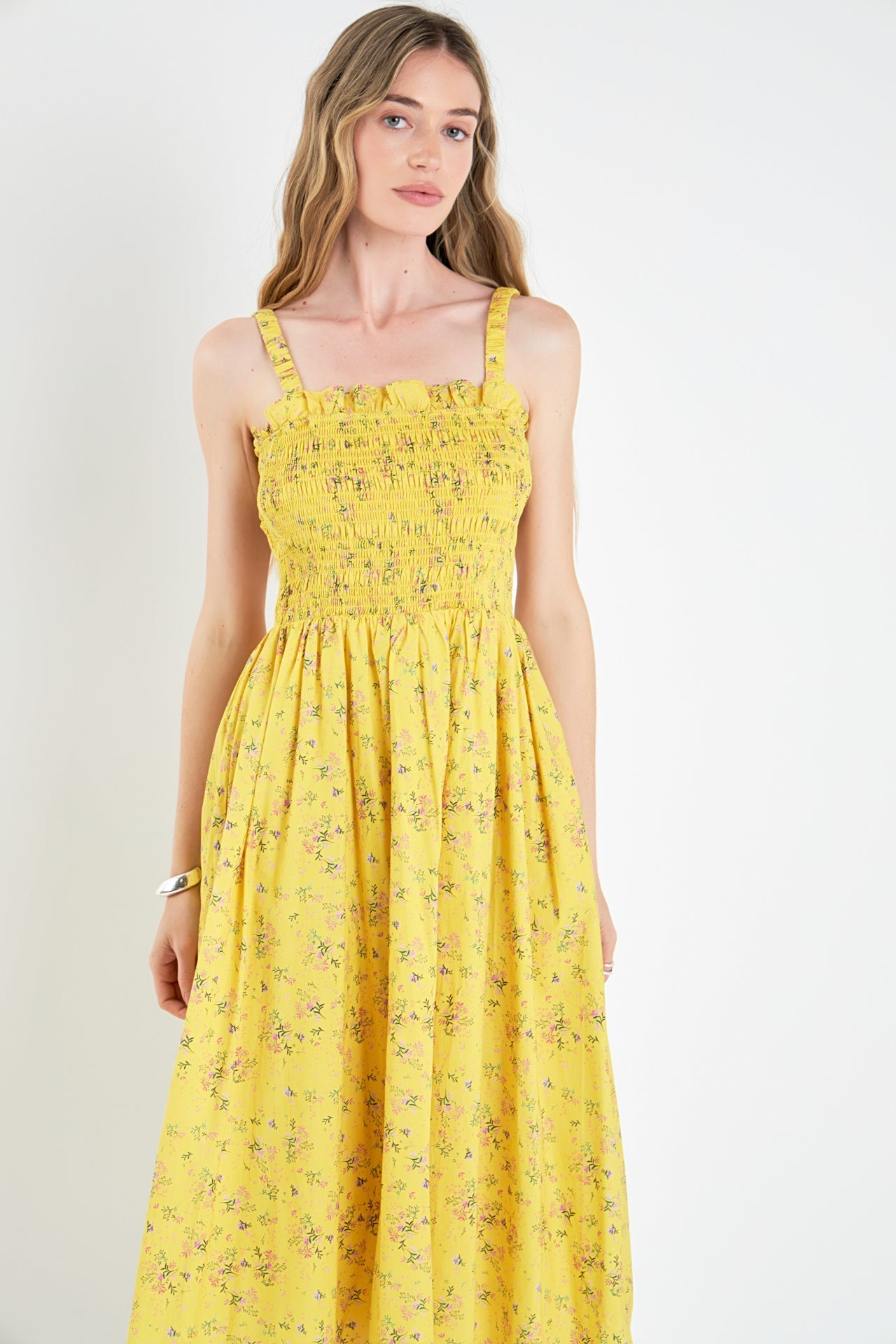 ENGLISH FACTORY - English Factory - Floral Print Smocked Dress in Yellow - DRESSES available at Objectrare