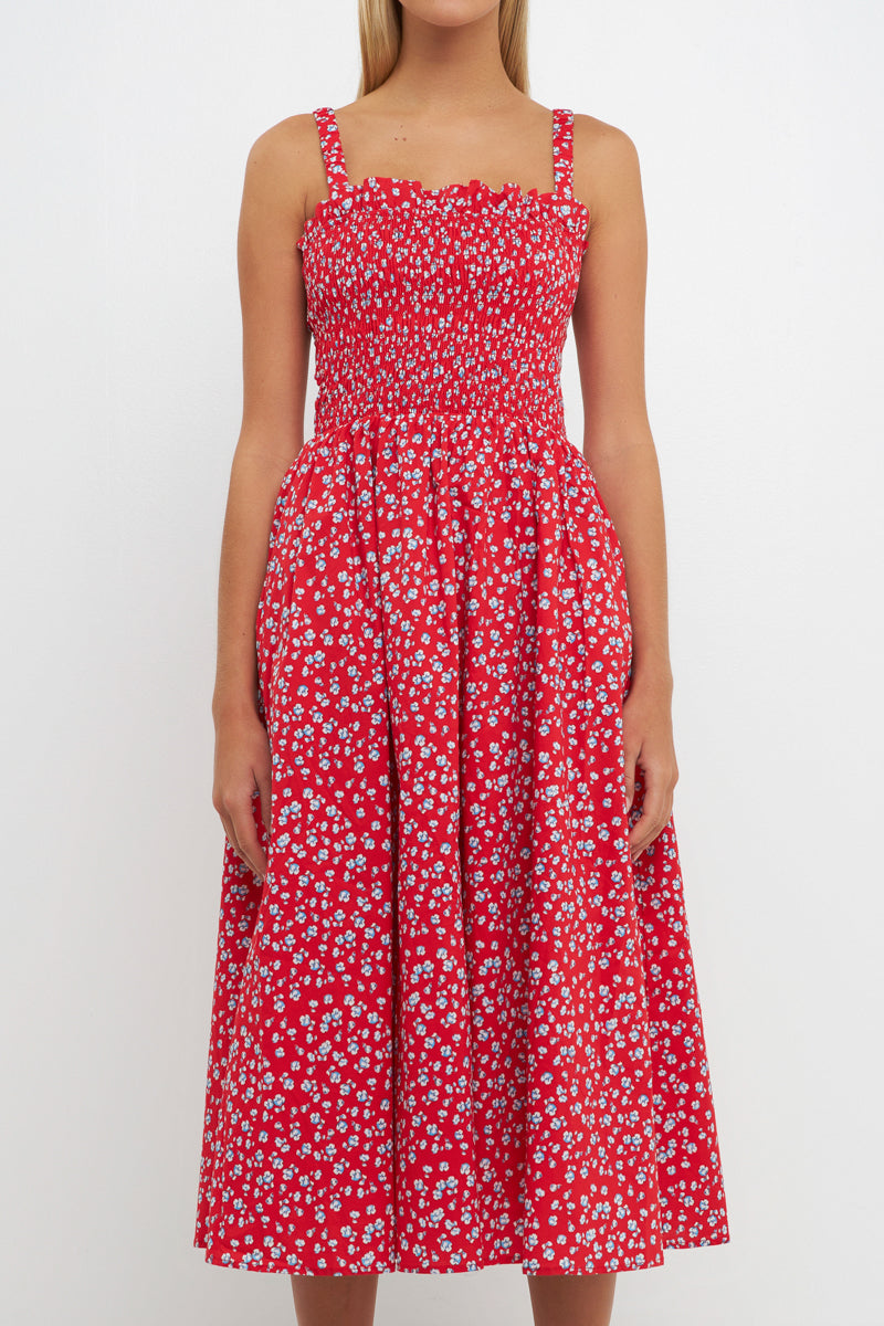 ENGLISH FACTORY - English Factory - Floral Print Smocked Dress in Red - DRESSES available at Objectrare