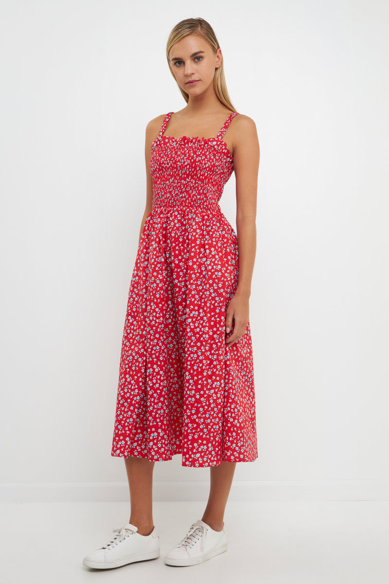 ENGLISH FACTORY - Floral Print Smocked Dress in Red - DRESSES available at Objectrare