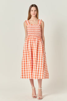 Check Print Smocked Dress