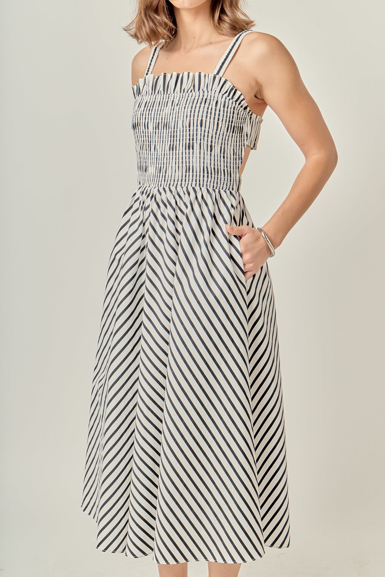 English Factory Striped Smocked Dress - White