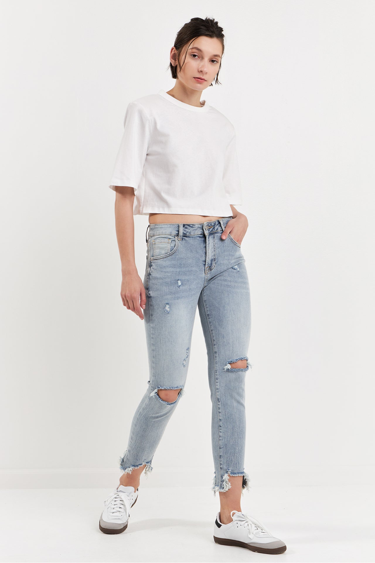 GREY LAB - Mid Rise Distressed Ankle Skinny Jeans - JEANS available at Objectrare