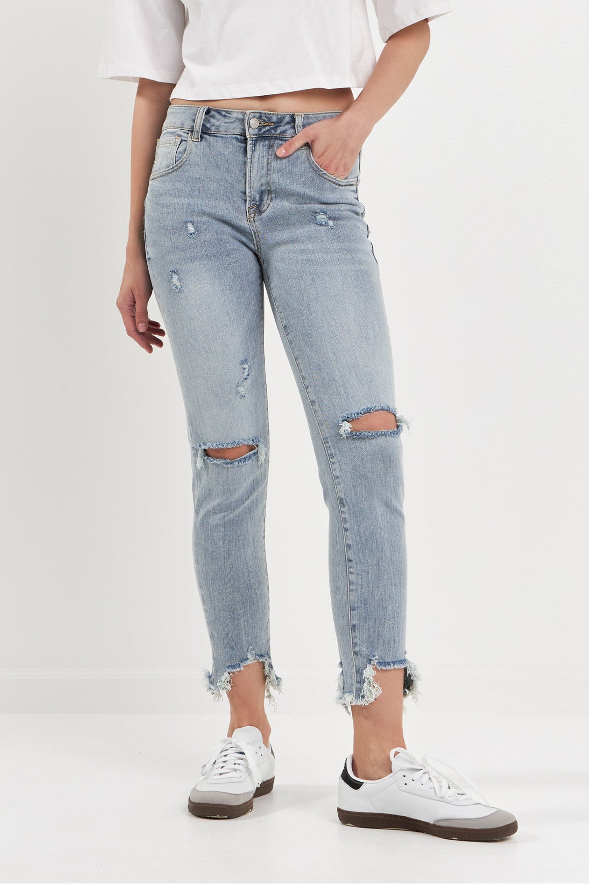 GREY LAB - Mid Rise Distressed Ankle Skinny Jeans - JEANS available at Objectrare