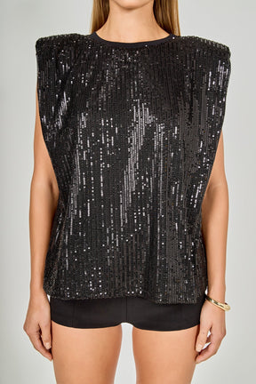 ENDLESS ROSE - Sequin Shoulder Pad Top - T-SHIRTS available at Objectrare