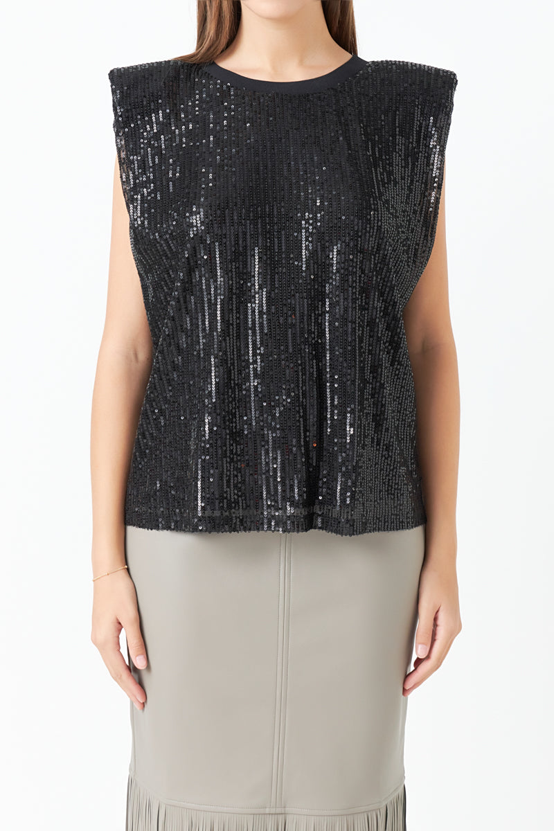 ENDLESS ROSE - Sequin Shoulder Pad Top - T-SHIRTS available at Objectrare
