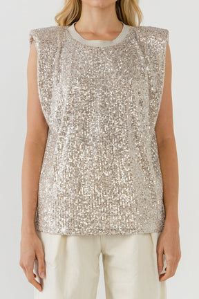 ENDLESS ROSE - Sequin Shoulder Pad Top - T-SHIRTS available at Objectrare