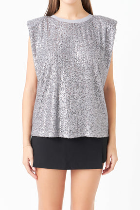 ENDLESS ROSE - Sequin Shoulder Pad Top - T-SHIRTS available at Objectrare