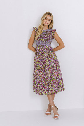 ENGLISH FACTORY - Floral Smocked Sleeveless Midi Dress - DRESSES available at Objectrare